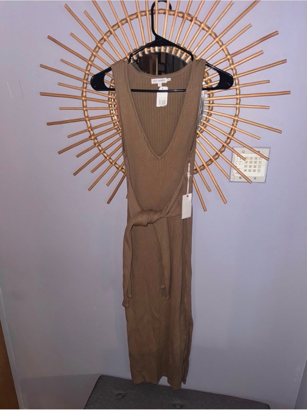 Ribbed Sleeveless Belted Midi Dress — Brown